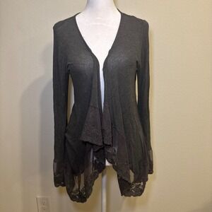 Kische Grey Lace Trim Asymmetrical Hem Cardigan Sweater Top L